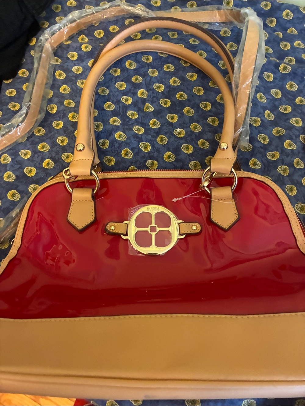IMAN Red and Tan Patent Satchel with Gold Hardware